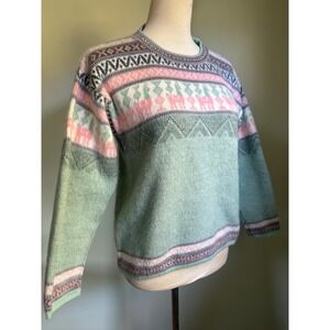 Tejido Ecuador Wool Llama Fair Isle Sweater Sage Green Pink S whimsi cottage y2
